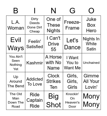 Rock Songs Letters A To Z Bingo Card
