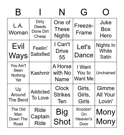 Rock Songs Letters A To Z Bingo Card