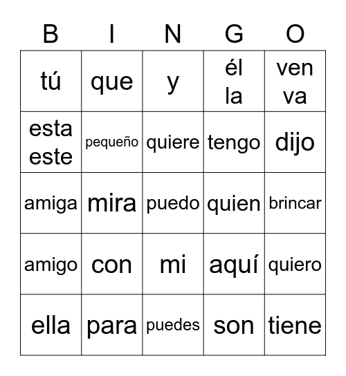 Palabras frecuentes (listas 1 y 2) Bingo Card