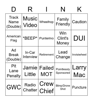 NASCAR Bingo Card