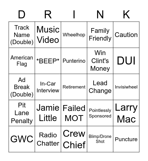 NASCAR Bingo Card