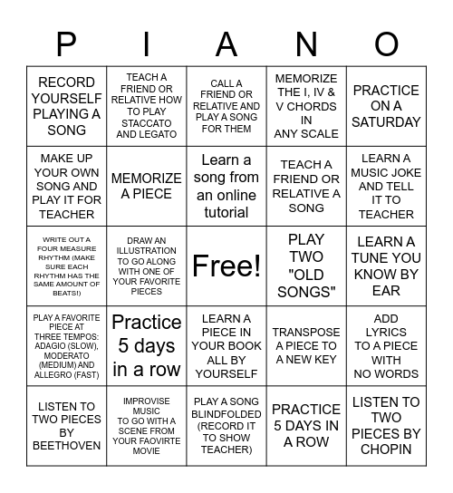 SUMMER PIANO CHALLENGE! Bingo Card