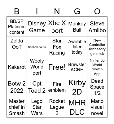 E3 2020+1 Nintendo Bingo Card