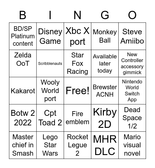 E3 2020+1 Nintendo Bingo Card