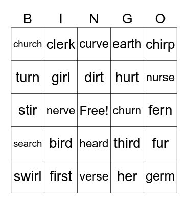 er, ir, ur, ear, ar or Bingo Card