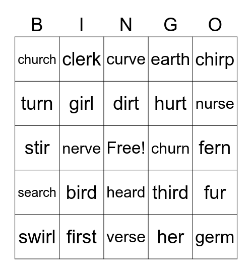 er, ir, ur, ear, ar or Bingo Card