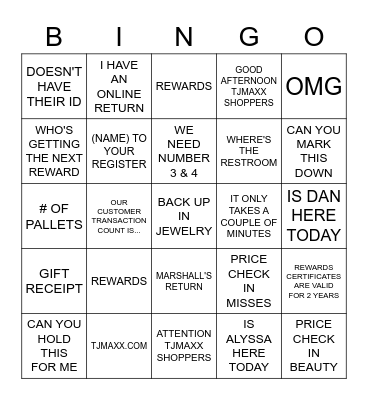 TJMAXX #1244 Bingo Card