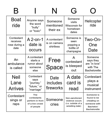 Bachelor Bingo Card