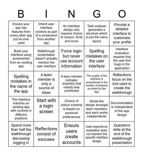 App Interfaces with User Centered Design Bingo Card
