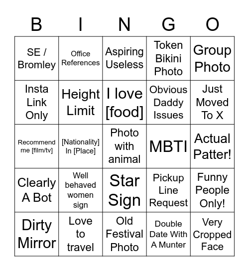 Dating App Bingo Card