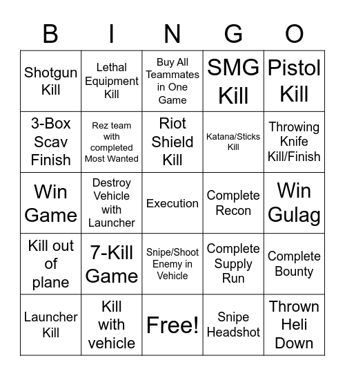 Warzone Bingo Card