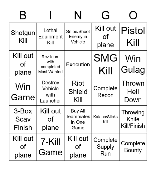 Warzone Bingo Card