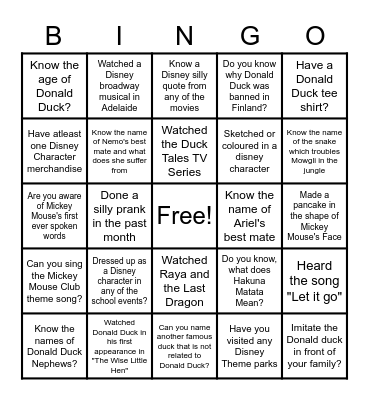 Donald Duck Bingo Card