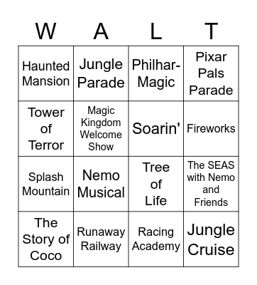 Disney Virtual Trip Bingo Card