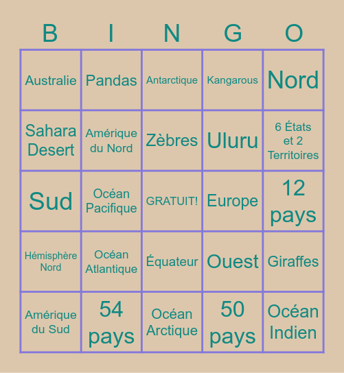 Les Continents Bingo Card