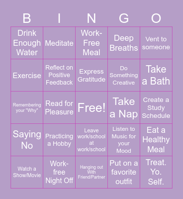Self Care Bingo Card