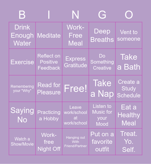 Self Care Bingo Card