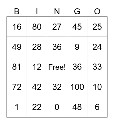 Multiplication Bingo Card