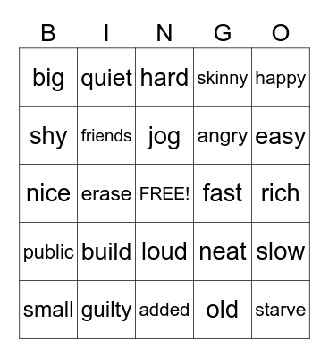 Synonymn/Antonym Bingo Card