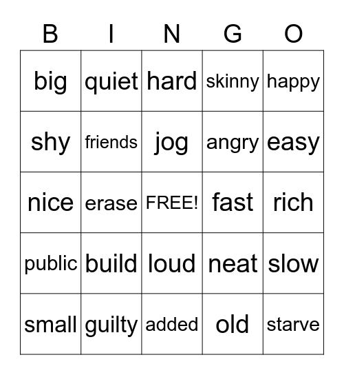 Synonymn/Antonym Bingo Card