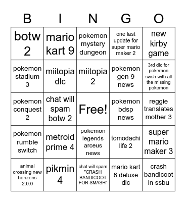 Miitopia Server E3 Bingo Card