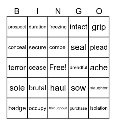 U10 Vocabulary Bingo Card