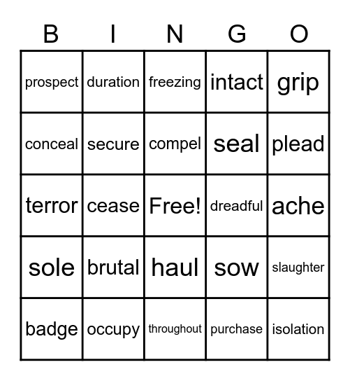 U10 Vocabulary Bingo Card