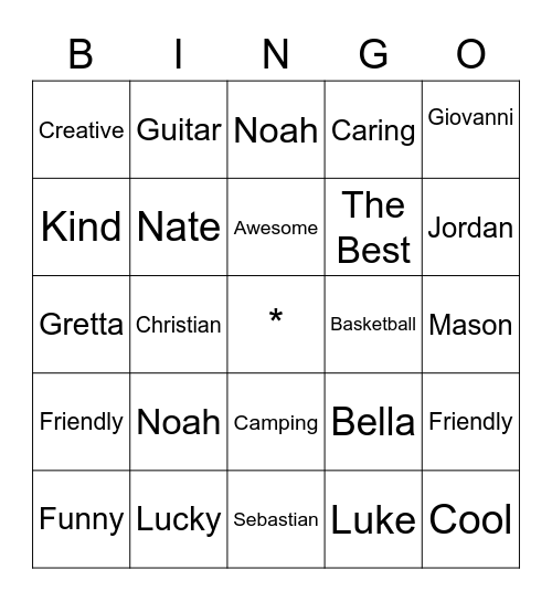 Noah Bingo Card