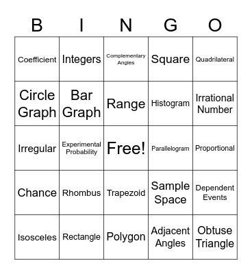 Math 7 Bingo Card