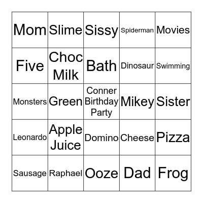 Conner's Birthday Bingo Card