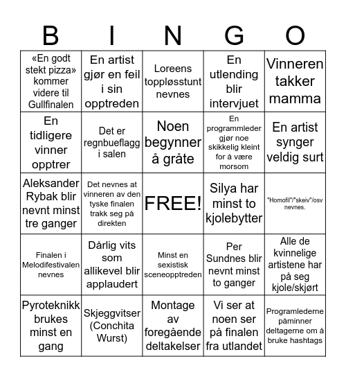 Melodi Grand Prix Bingo Card