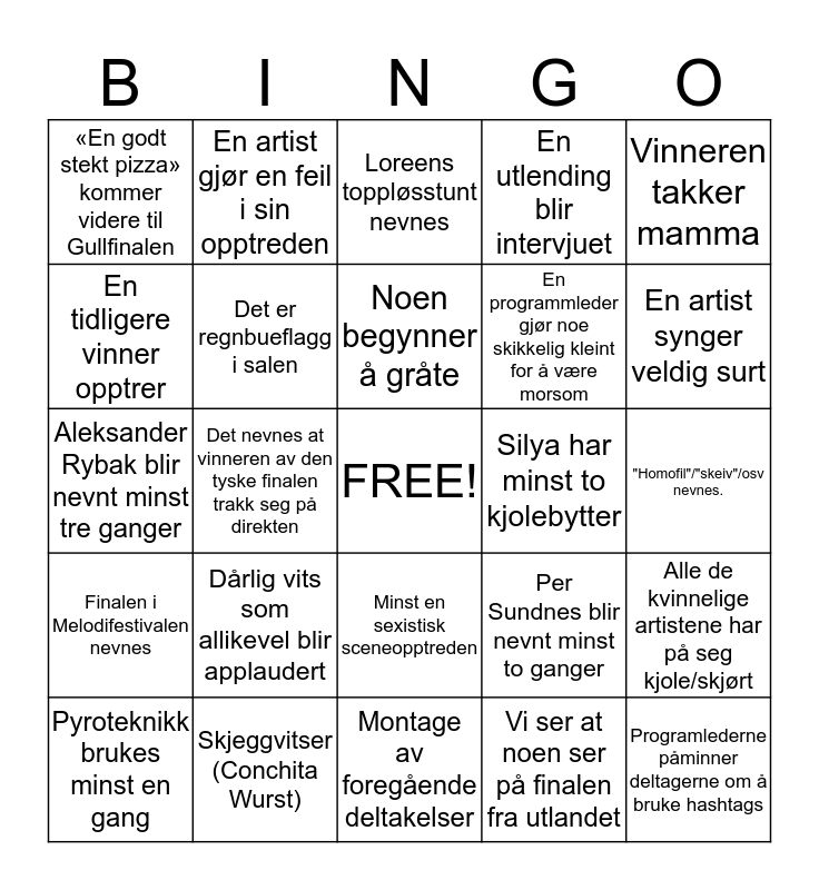 Melodi Grand Prix Bingo Card