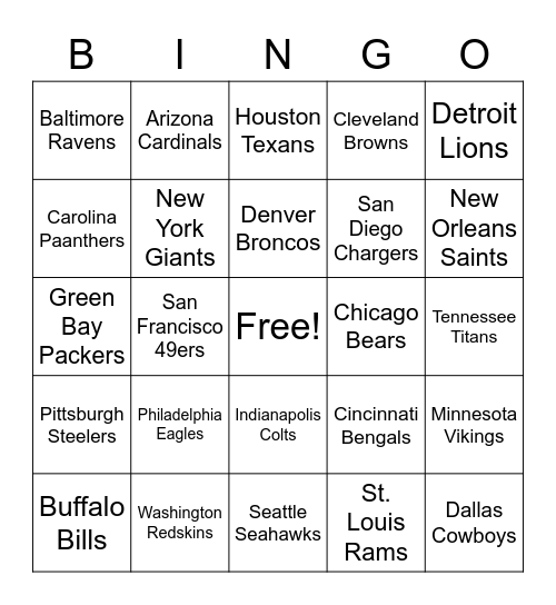 FOOTBALL TEAM BINGO Card