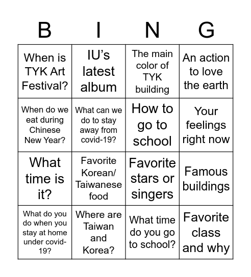 Get to Know Naseong & TYK Bingo Card
