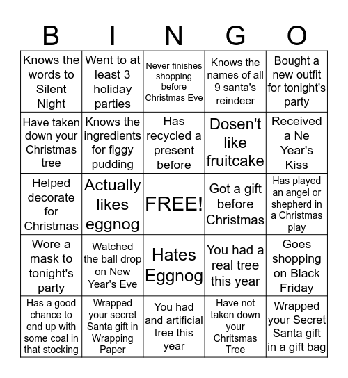 Christmas Masquarade Bingo Card