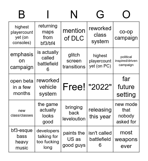 Battlefield 6 Reveal Bingo Card
