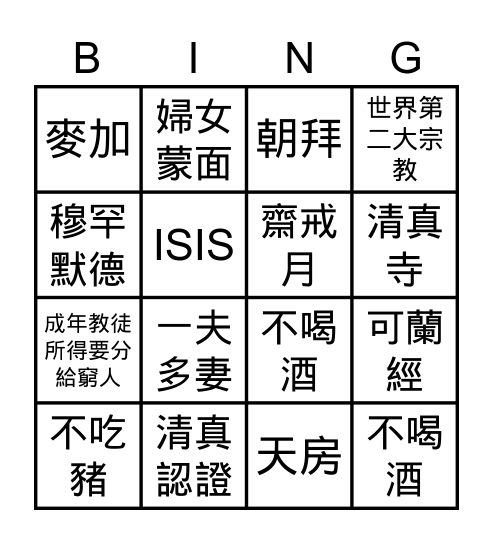 伊斯蘭文化BINGO單 (812) Bingo Card