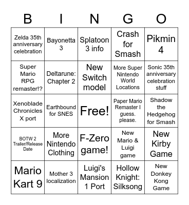 Groovy's 6/15 Nintendo Direct Bingo Card