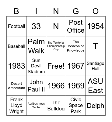 ASU Staff Council Trivia Bingo Card