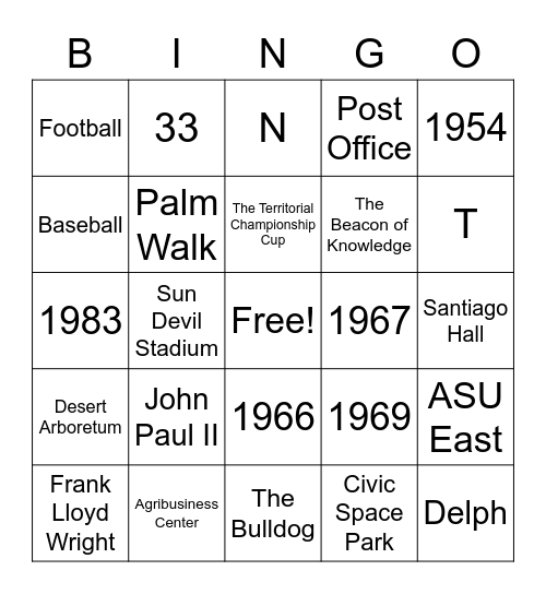 ASU Staff Council Trivia Bingo Card