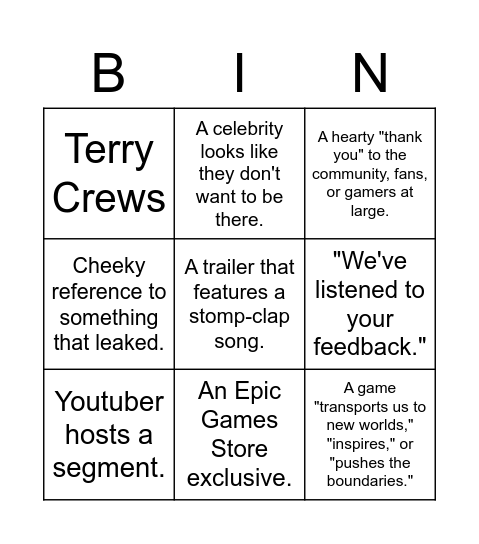 E3 All Conferences Bingo Card