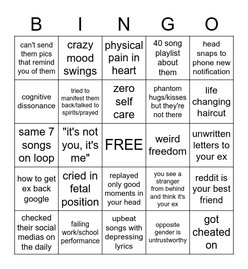 POST BREAKUP BINGO Card