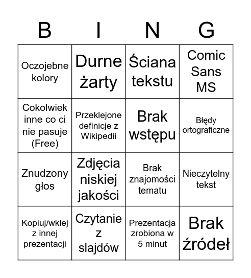 Prezentacja w szkole Bingo Card