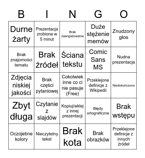 Prezentacja w szkole Bingo Card