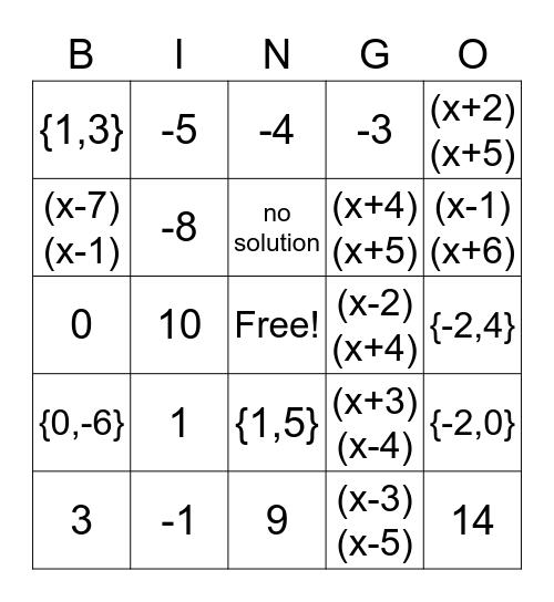 Quadratic Practice Bingo Card