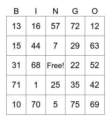 English Numbers Bingo Card