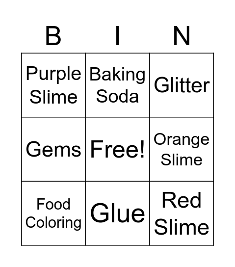 Slime Bingo Card