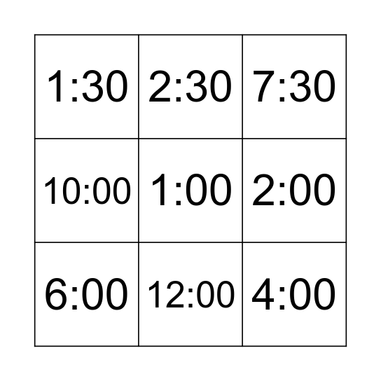Digital Time Bingo - Half Past & O'Clock Bingo Card