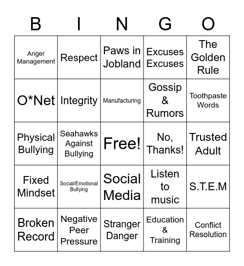 Classroom Guidance Bingo Card