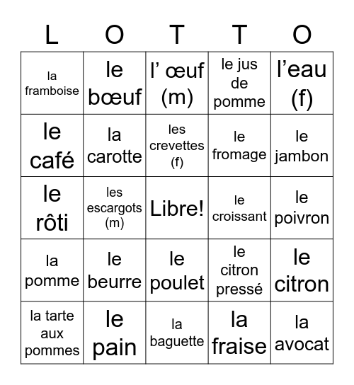 Nourriture! Bingo Card